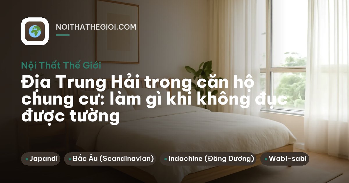 Phòng khách căn hộ cao tầng với ô cửa vòm dẫn vào bếp, sofa vải trắng, gối xanh