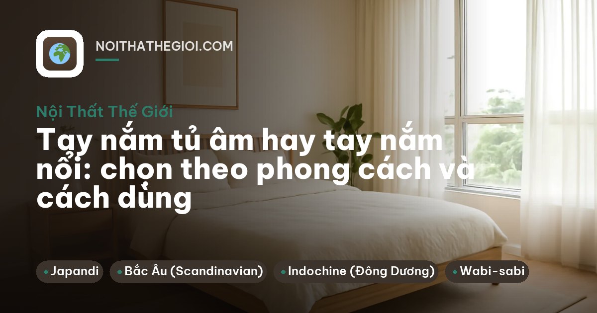 Bàn tay chạm vào tay nắm đồng thanh mảnh trên hàng cánh tủ màu kem