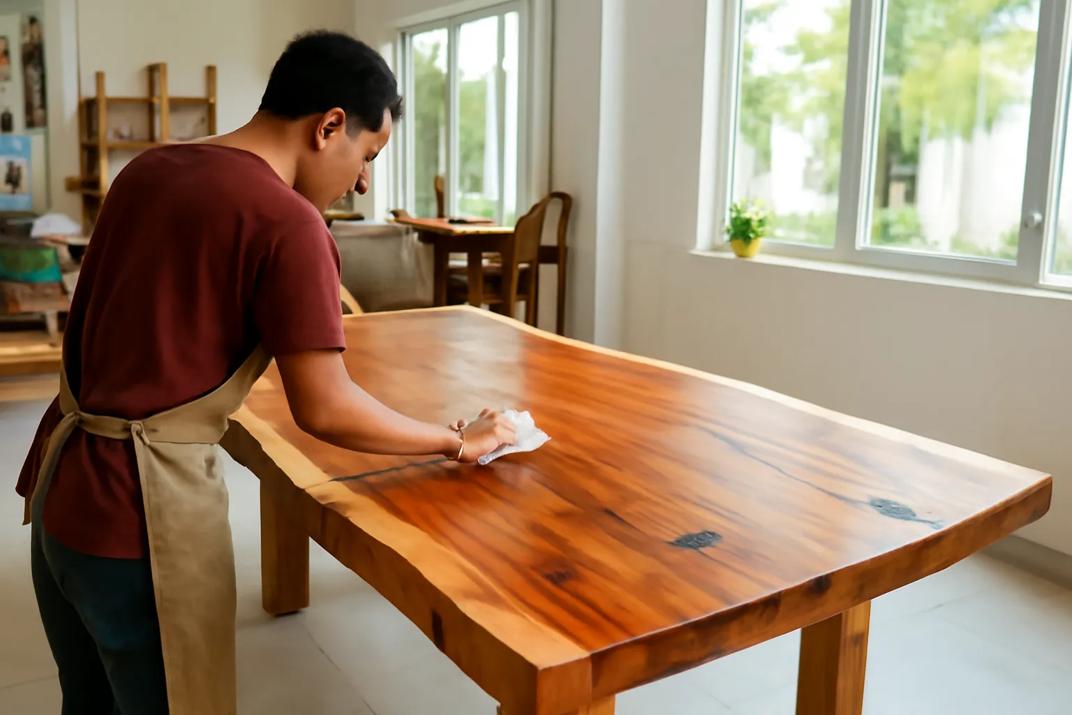 Thợ lau dầu lên mặt bàn gỗ nguyên tấm cạnh tự nhiên có khoá bướm