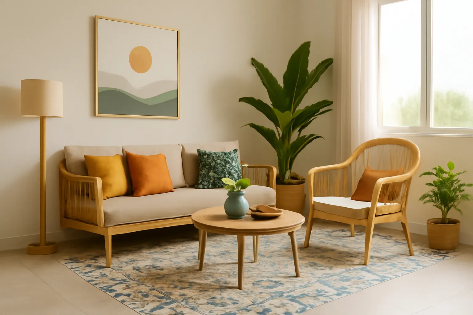 Phòng khách trộn Japandi và Indochine với sofa thấp, ghế mây, gạch bông