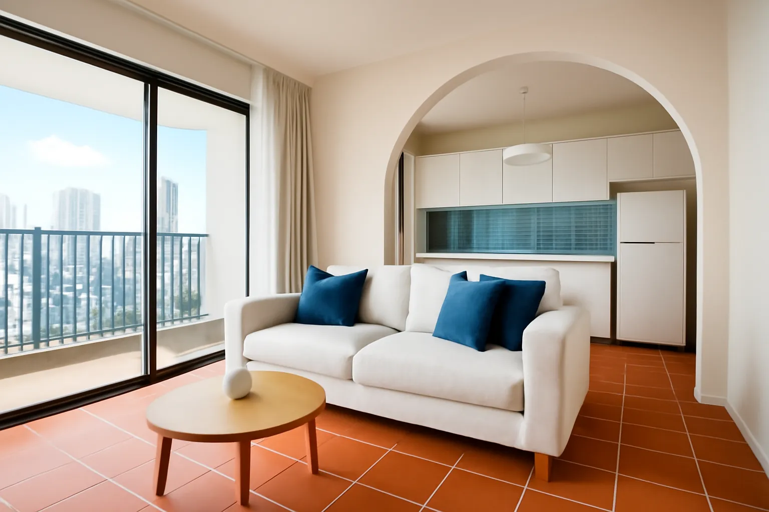 Phòng khách căn hộ cao tầng với ô cửa vòm dẫn vào bếp, sofa vải trắng, gối xanh