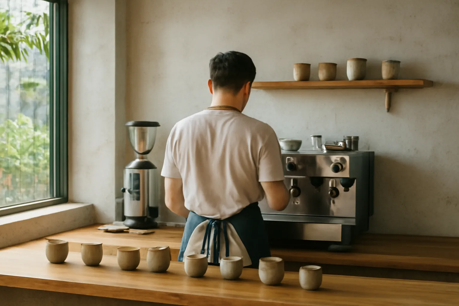Quầy pha chế quán café tường vữa thô, quầy gỗ mộc, ly gốm buổi sáng