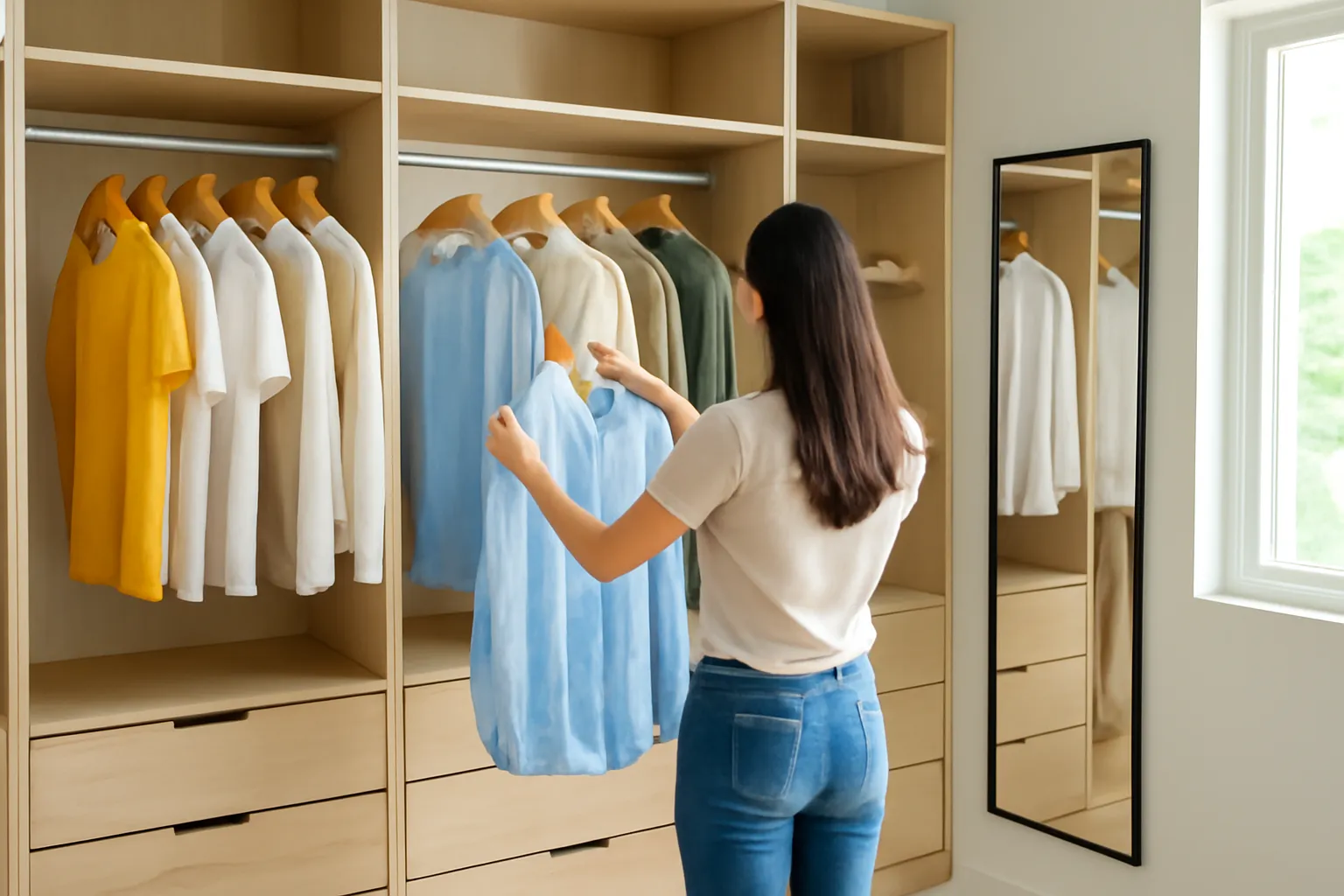 Phòng thay đồ walk-in với thanh treo mở, ngăn kéo gỗ và người đang chọn áo