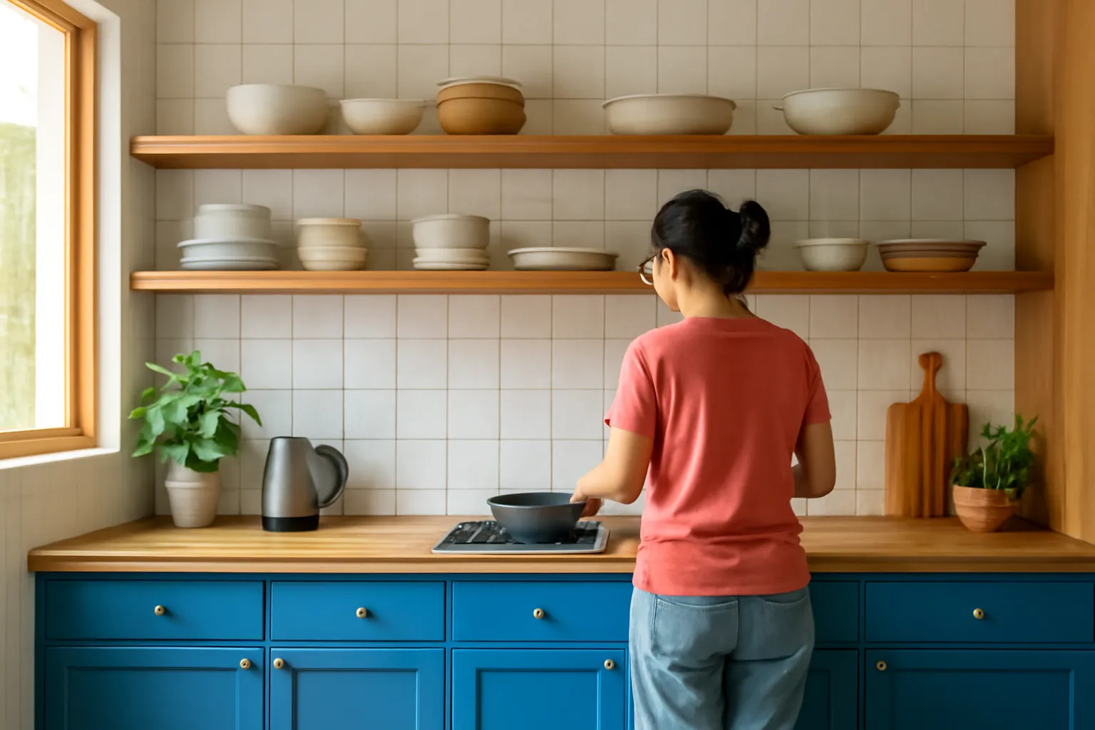 Bếp tủ dưới sơn xanh lam, kệ gỗ mộc trên tường gạch trắng, chồng đĩa gốm