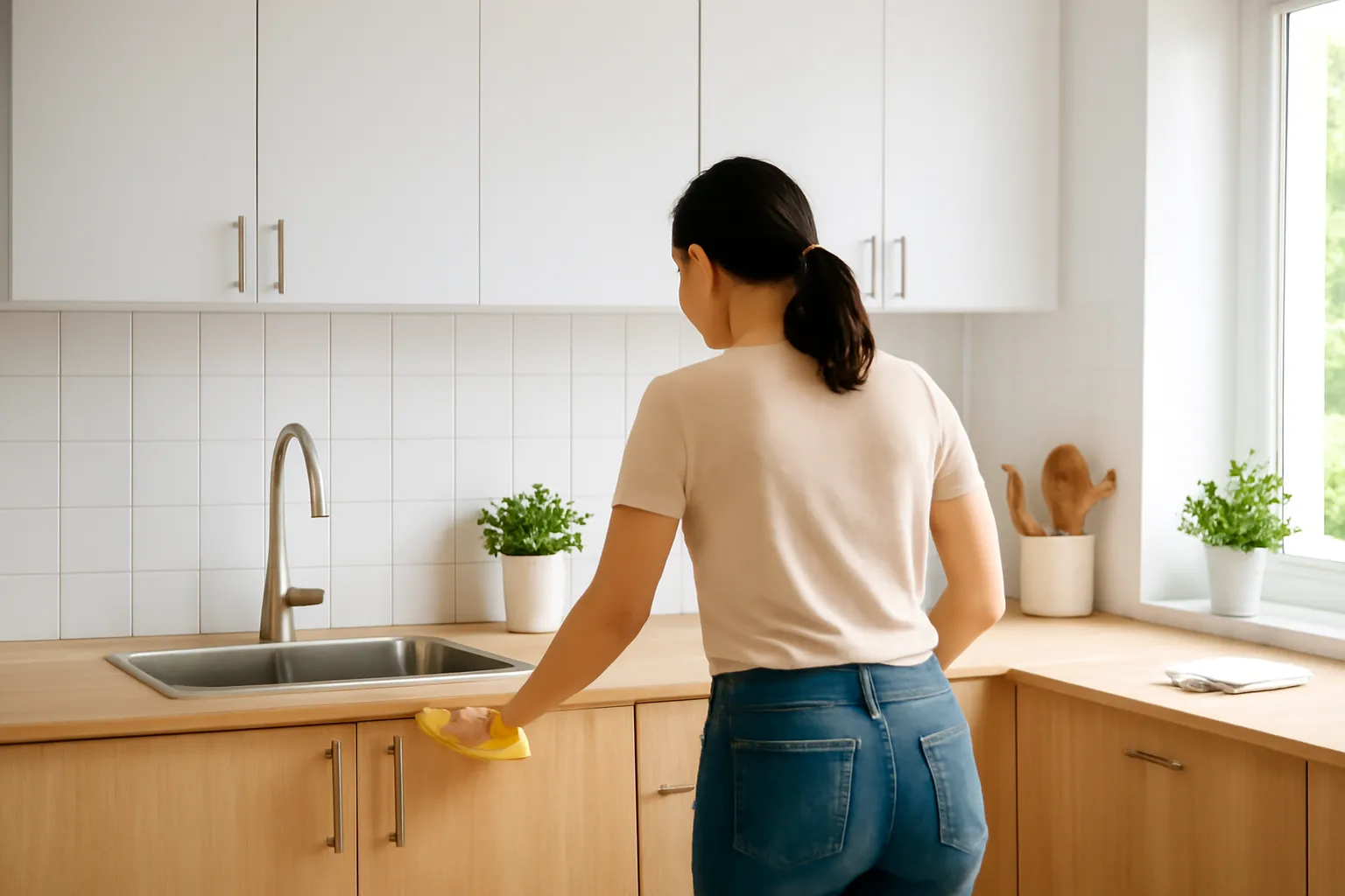 Bếp kiểu Bắc Âu tủ trên trắng trơn, tủ dưới gỗ sồi, người lau mặt bếp
