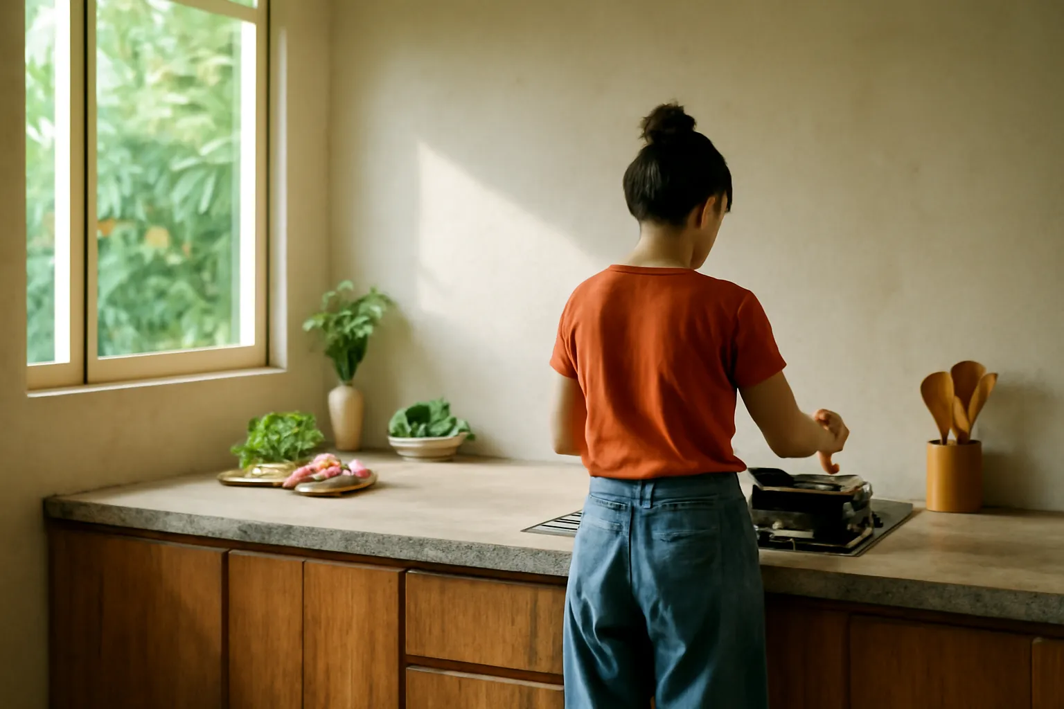 Bếp chữ I cánh gỗ mộc vân thô, mặt đá cạnh băm, tường vữa, người nấu quay lưng
