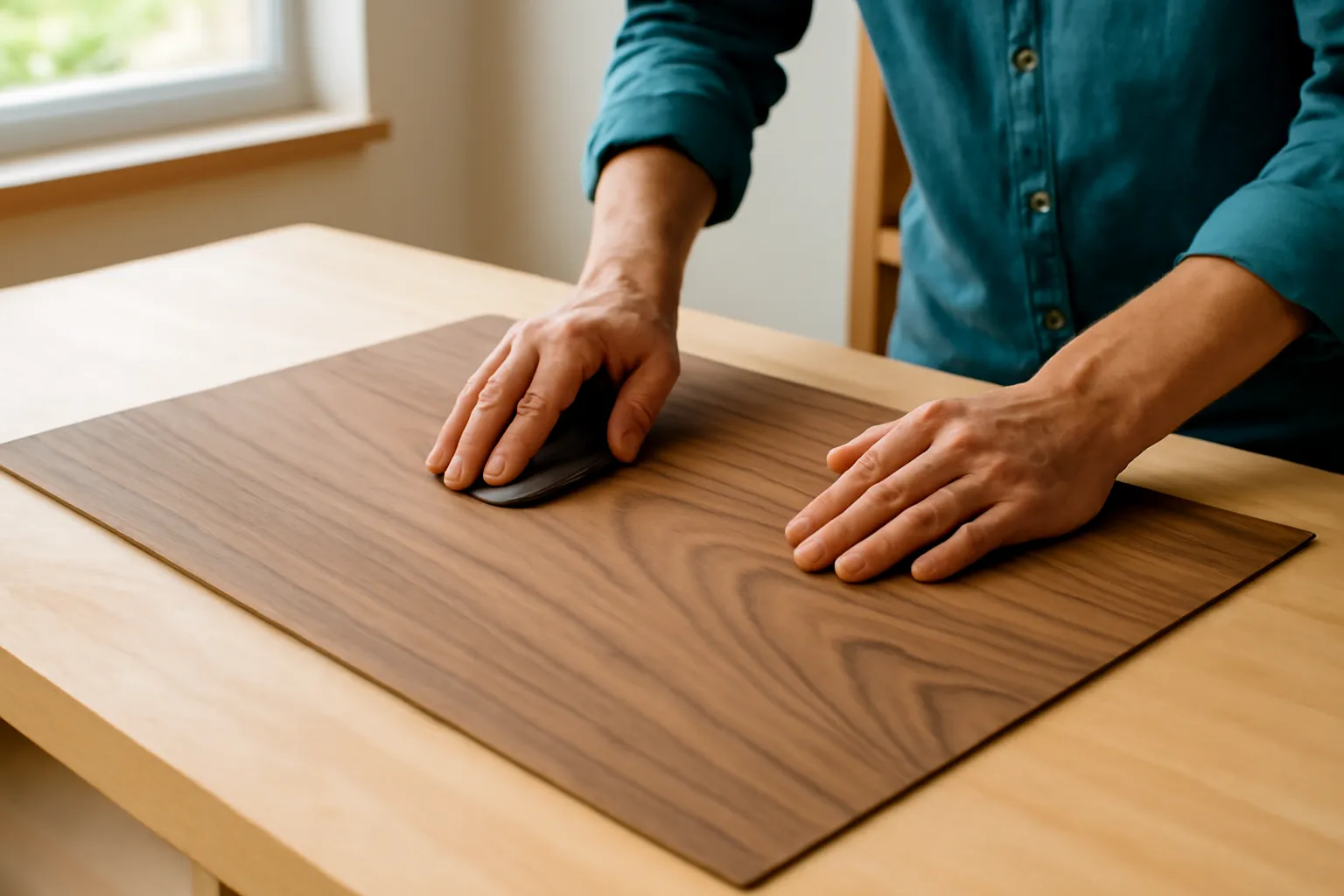 Tấm veneer gỗ óc chó vân núi trải trên bàn thao tác trong xưởng mộc